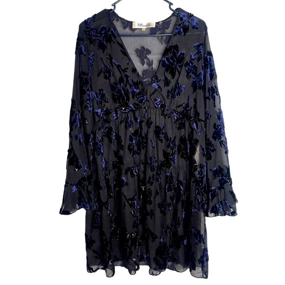 Diane Von Furstenberg M Adelita Velvet Burnout Shimmer Babydoll Dress Black Blue - Picture 2 of 15